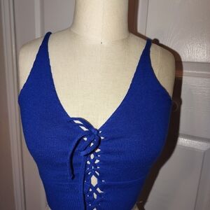 Blue Lace-Up Knit Crop Top